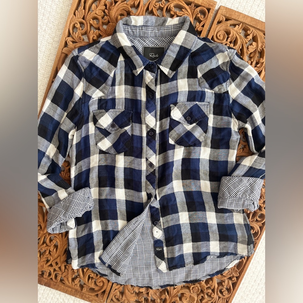 Rails Top Flannel Plaid Double Lined Navy White Gray & Black Contrast Print Trim